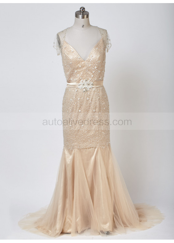 Queen Anne Neckline Champagne Beaded Tulle Floor Length Wedding Dress Luxury Dress